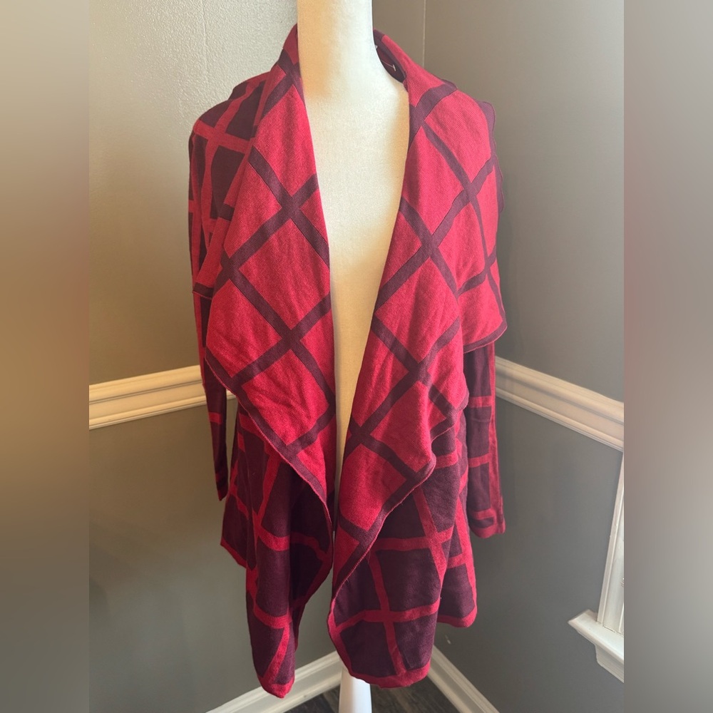 Isaac Mizrahi Live! Essentials Open Front Knit Cardigan‎ Red Windowpane Medium